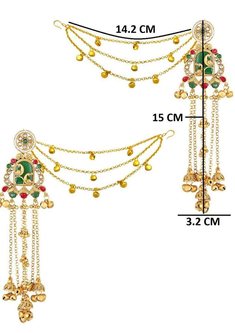 Ghungroo Detailing Long Kashmiri Drop Earrings with Hair Kaan Chain with Kundan for Women | Traditional Ethnic Jewellery for Wedding & Festive Wear | Gift for Her - Indya