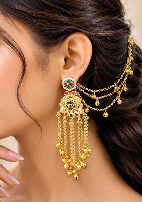 Gold Ghungroo Detailing Heritage Kashmiri Drop Earrings with Hair Kaan Chain with Kundan for Women | Traditional Ethnic Jewellery for Wedding & Festive Wear | Gift for Her