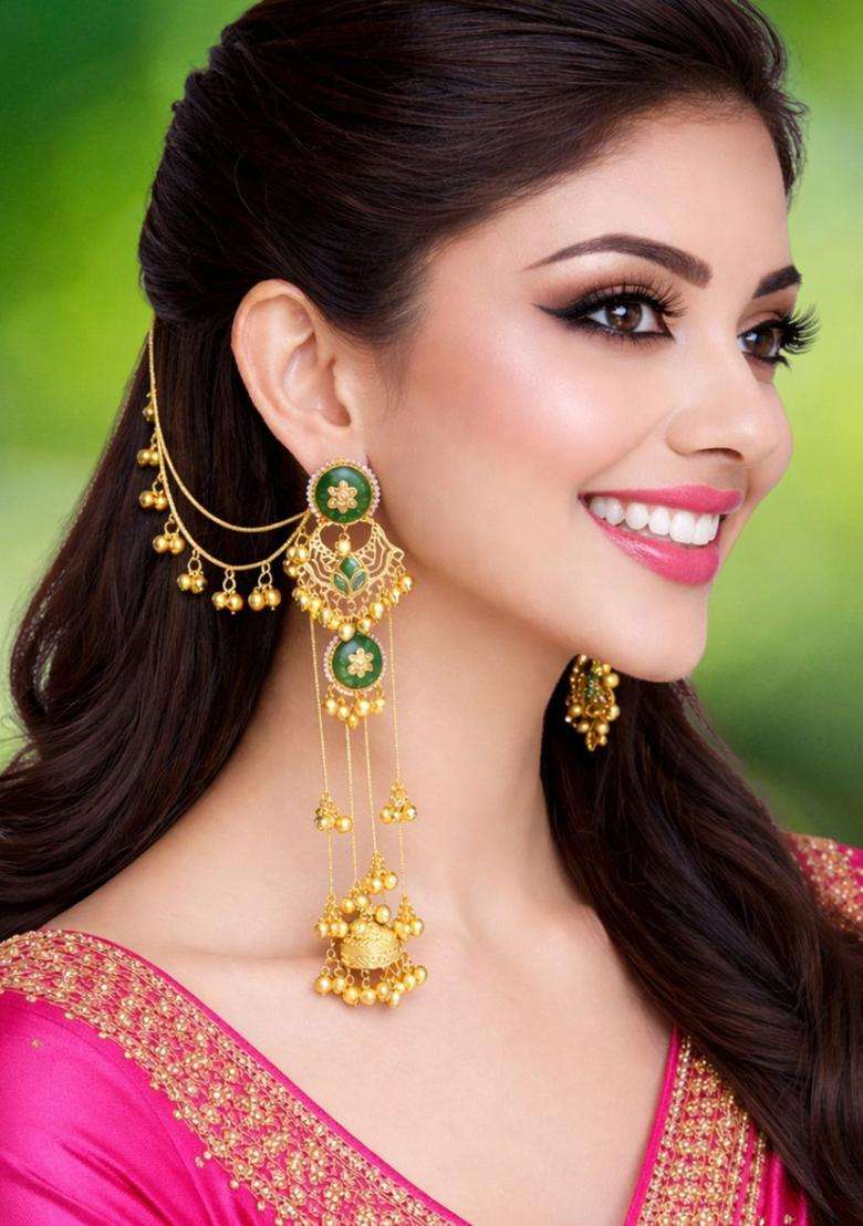 Green Ghungroo Detailing Long Kashmiri Drop Jhumka Earrings with Hair Kaan Chain with Kundan for Women | Traditional Ethnic Jewellery for Wedding & Festive Wear | Gift for Her - Indya