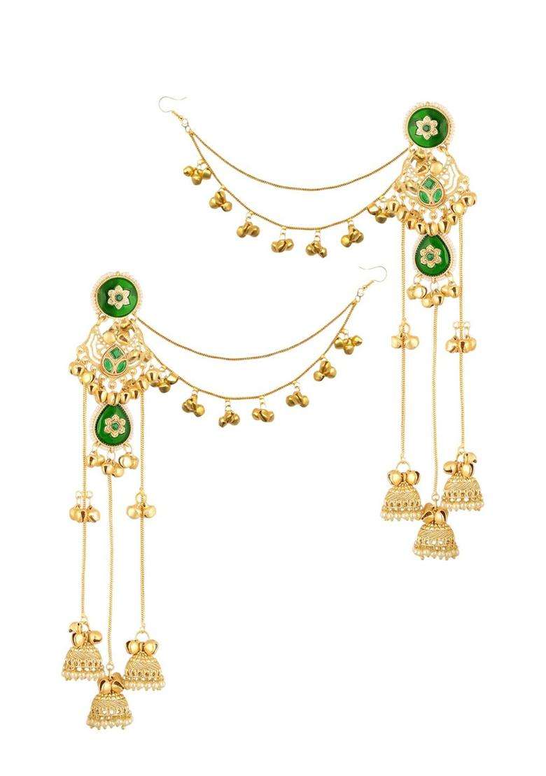 Green Ghungroo Detailing Long Kashmiri Drop Jhumka Earrings with Hair Kaan Chain with Kundan for Women | Traditional Ethnic Jewellery for Wedding & Festive Wear | Gift for Her - Indya