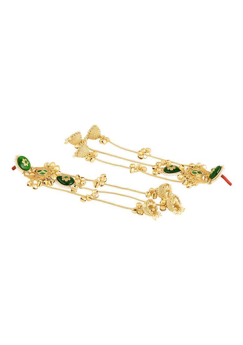 Green Ghungroo Detailing Long Kashmiri Drop Jhumka Earrings with Hair Kaan Chain with Kundan for Women | Traditional Ethnic Jewellery for Wedding & Festive Wear | Gift for Her - Indya