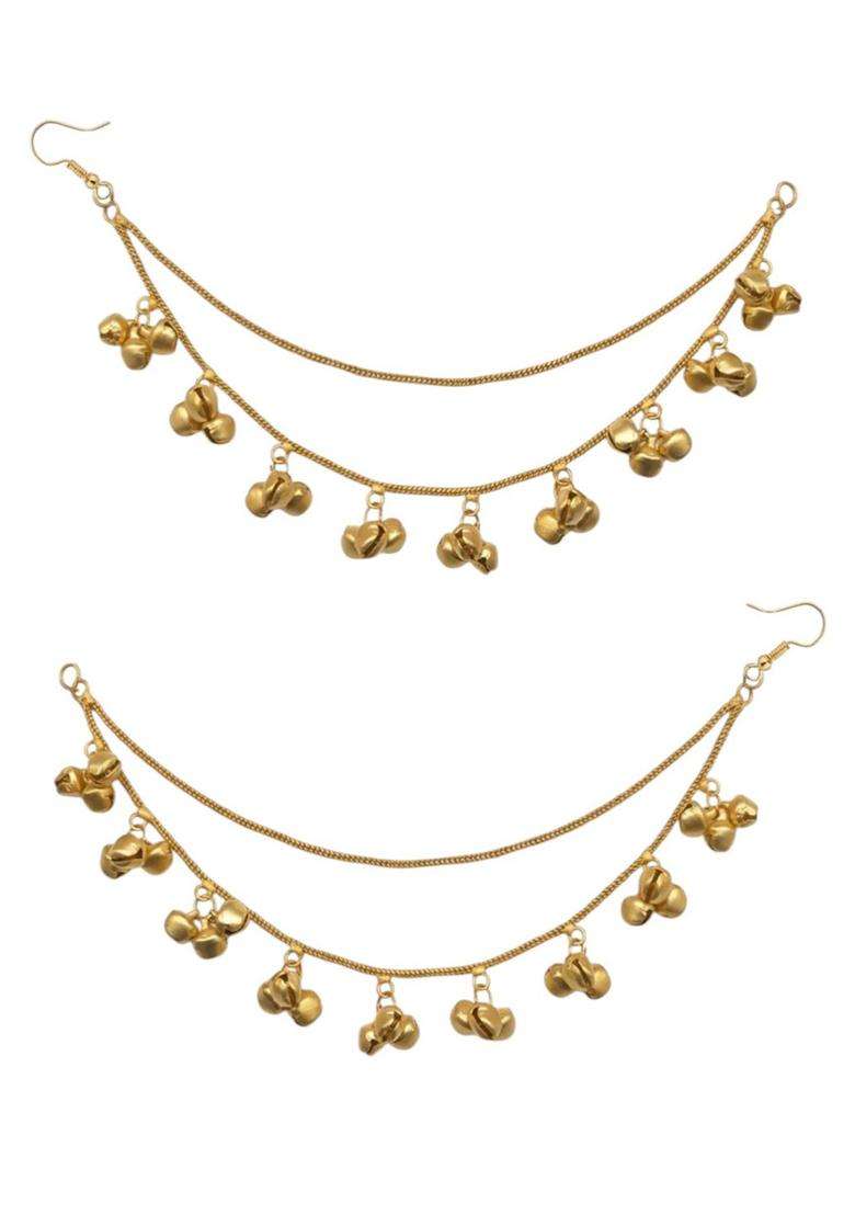 Green Ghungroo Detailing Long Kashmiri Drop Jhumka Earrings with Hair Kaan Chain with Kundan for Women | Traditional Ethnic Jewellery for Wedding & Festive Wear | Gift for Her - Indya