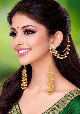 Long Kashmiri Ghungroo Drop Earrings with Hair Kaan Chain with Kundan for Women | Traditional Ethnic Jewellery for Wedding & Festive Wear | Gift for Her