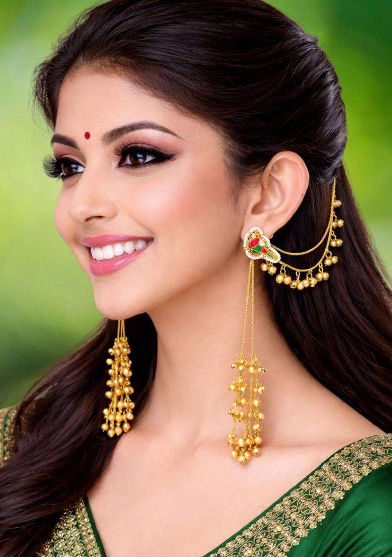 Long Kashmiri Ghungroo Drop Earrings with Hair Kaan Chain with Kundan for Women | Traditional Ethnic Jewellery for Wedding & Festive Wear | Gift for Her - Indya