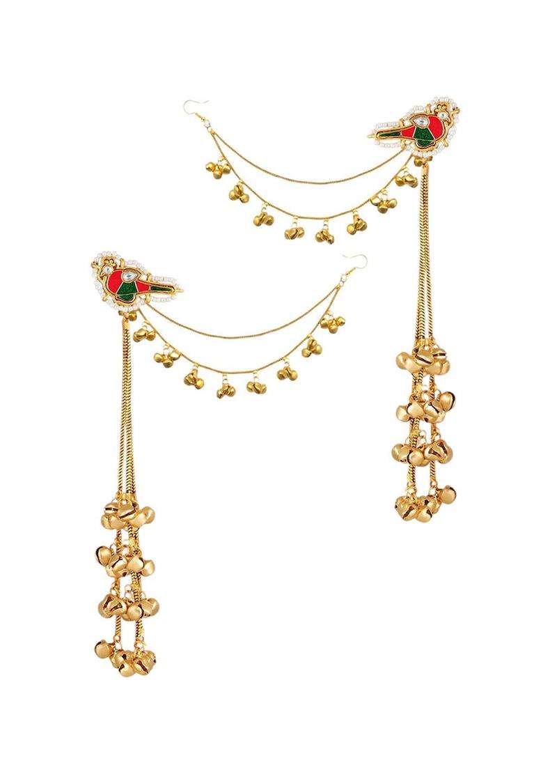 Long Kashmiri Ghungroo Drop Earrings with Hair Kaan Chain with Kundan for Women | Traditional Ethnic Jewellery for Wedding & Festive Wear | Gift for Her - Indya