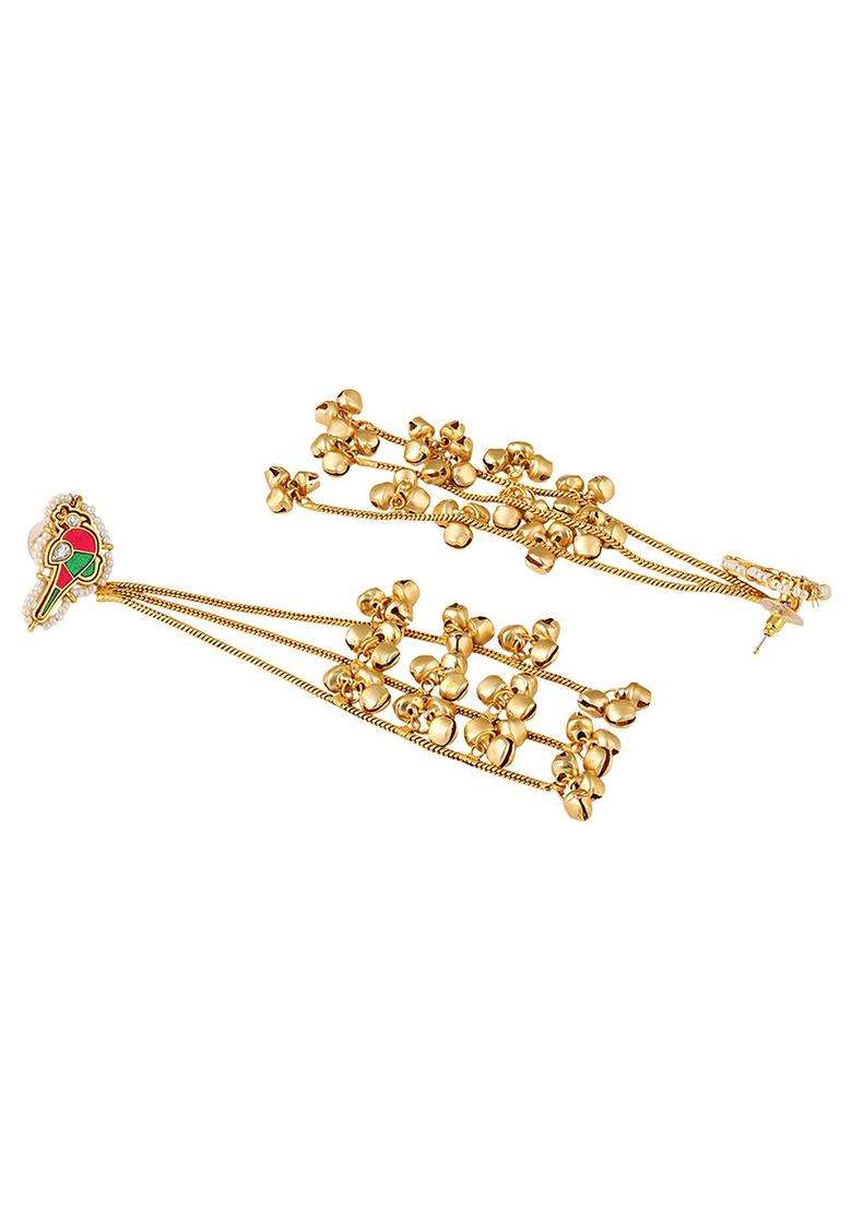 Long Kashmiri Ghungroo Drop Earrings with Hair Kaan Chain with Kundan for Women | Traditional Ethnic Jewellery for Wedding & Festive Wear | Gift for Her - Indya