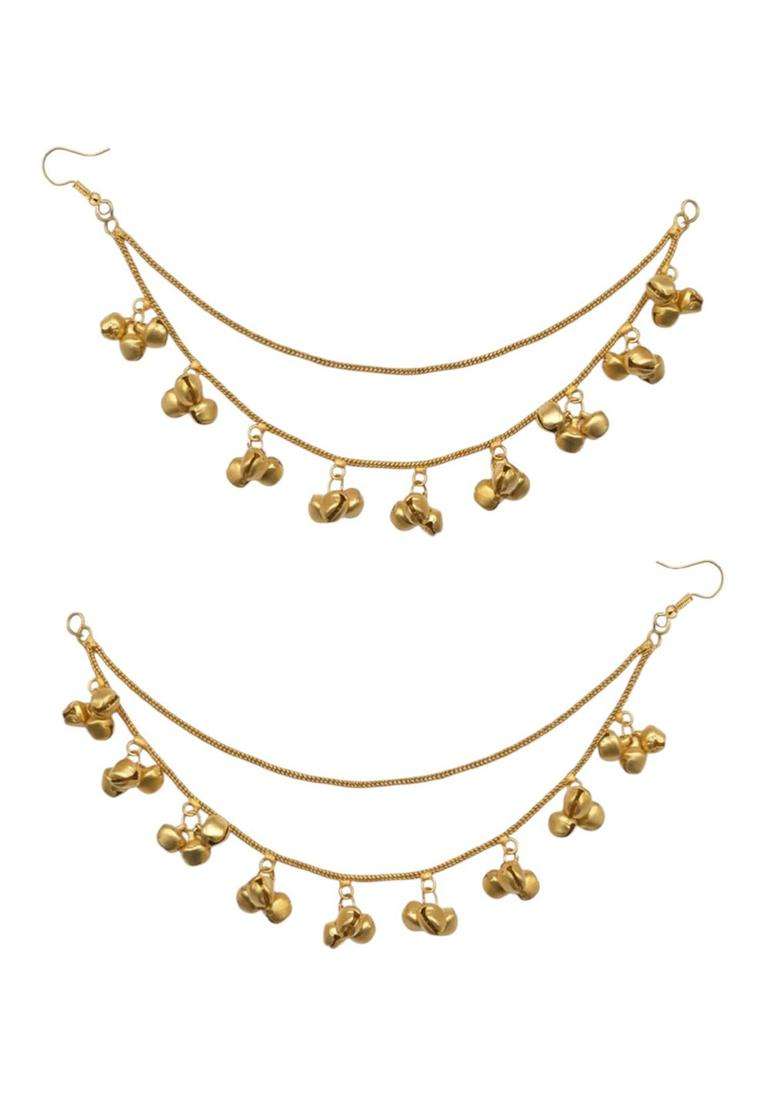 Long Kashmiri Ghungroo Drop Earrings with Hair Kaan Chain with Kundan for Women | Traditional Ethnic Jewellery for Wedding & Festive Wear | Gift for Her - Indya