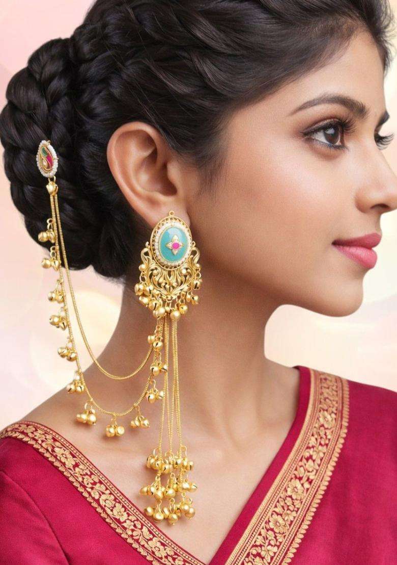 Gold Kashmiri Drop Earrings with Hair Kaan Chain with Kundan for Women | Traditional Ethnic Jewellery for Wedding & Festive Wear | Gift for Her - Indya
