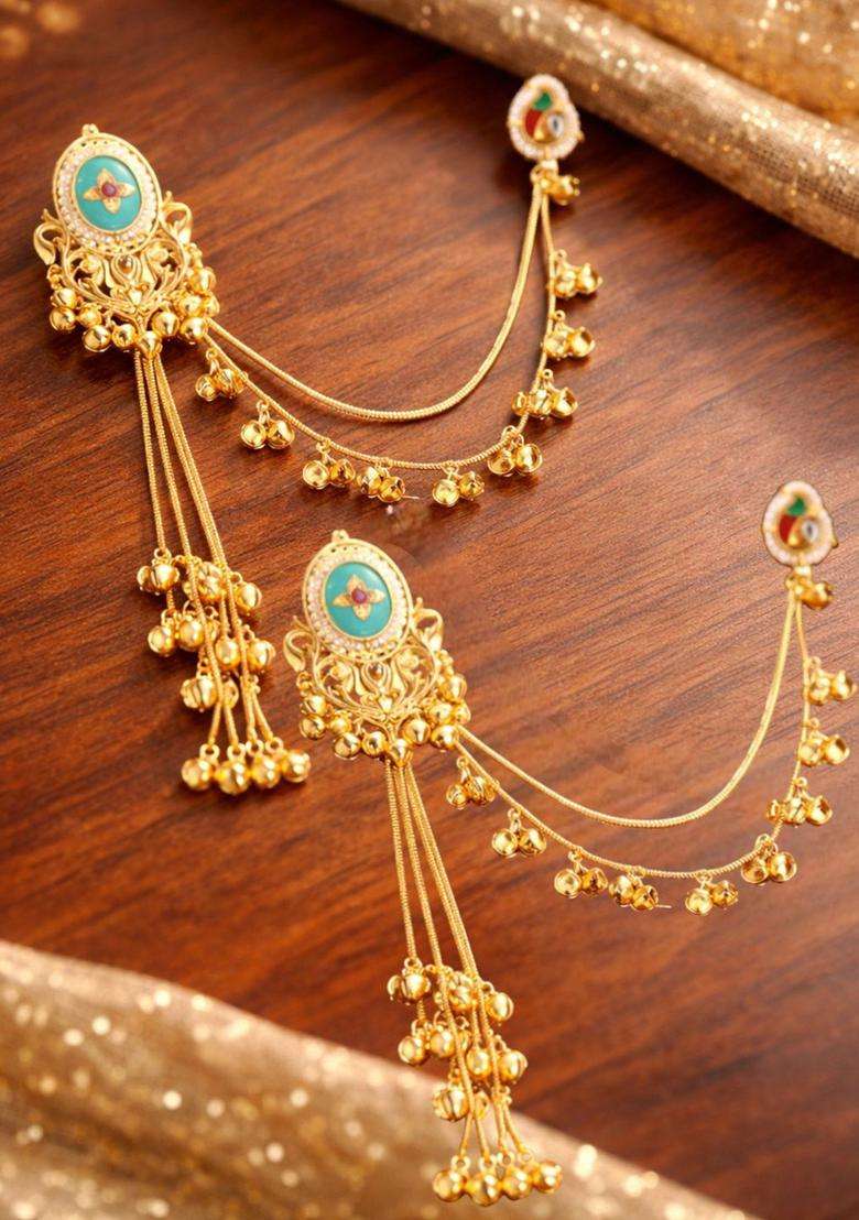 Gold Kashmiri Drop Earrings with Hair Kaan Chain with Kundan for Women | Traditional Ethnic Jewellery for Wedding & Festive Wear | Gift for Her - Indya