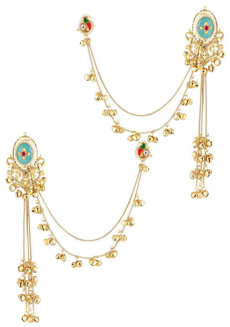 Gold Kashmiri Drop Earrings with Hair Kaan Chain with Kundan for Women | Traditional Ethnic Jewellery for Wedding & Festive Wear | Gift for Her - Indya