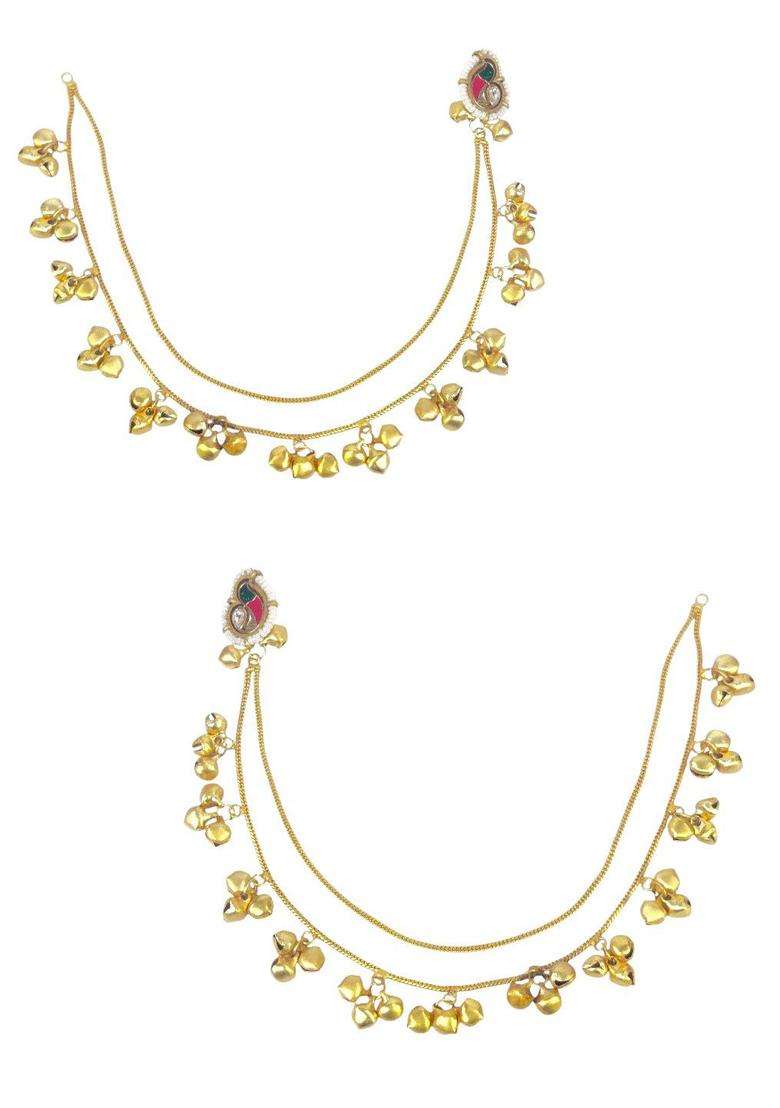 Gold Kashmiri Drop Earrings with Hair Kaan Chain with Kundan for Women | Traditional Ethnic Jewellery for Wedding & Festive Wear | Gift for Her - Indya