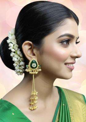 Large Green Jaipur Stone Ghungroo Detailing Long Kashmiri Drop Earrings with Kundan for Women | Traditional Ethnic Jewellery for Wedding & Festive Wear | Gift for Her