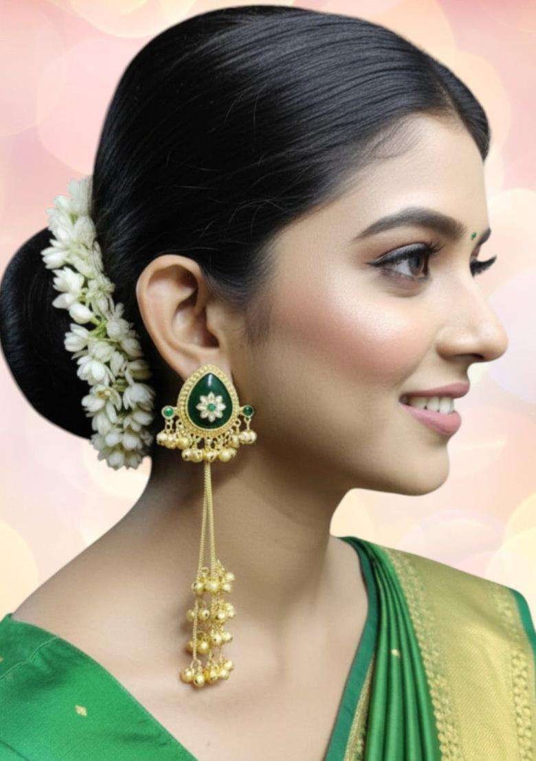 Large Green Jaipur Stone Ghungroo Detailing Long Kashmiri Drop Earrings with Kundan for Women | Traditional Ethnic Jewellery for Wedding & Festive Wear | Gift for Her - Indya
