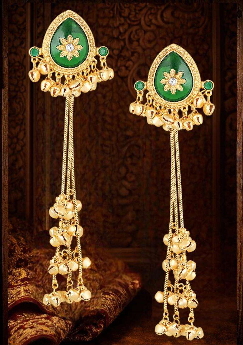 Large Green Jaipur Stone Ghungroo Detailing Long Kashmiri Drop Earrings with Kundan for Women | Traditional Ethnic Jewellery for Wedding & Festive Wear | Gift for Her - Indya