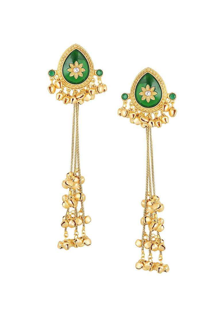 Large Green Jaipur Stone Ghungroo Detailing Long Kashmiri Drop Earrings with Kundan for Women | Traditional Ethnic Jewellery for Wedding & Festive Wear | Gift for Her - Indya