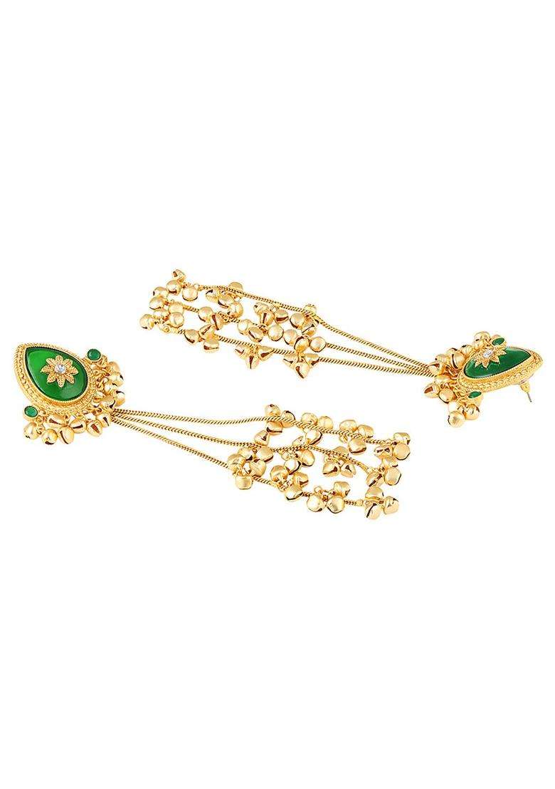 Large Green Jaipur Stone Ghungroo Detailing Long Kashmiri Drop Earrings with Kundan for Women | Traditional Ethnic Jewellery for Wedding & Festive Wear | Gift for Her - Indya