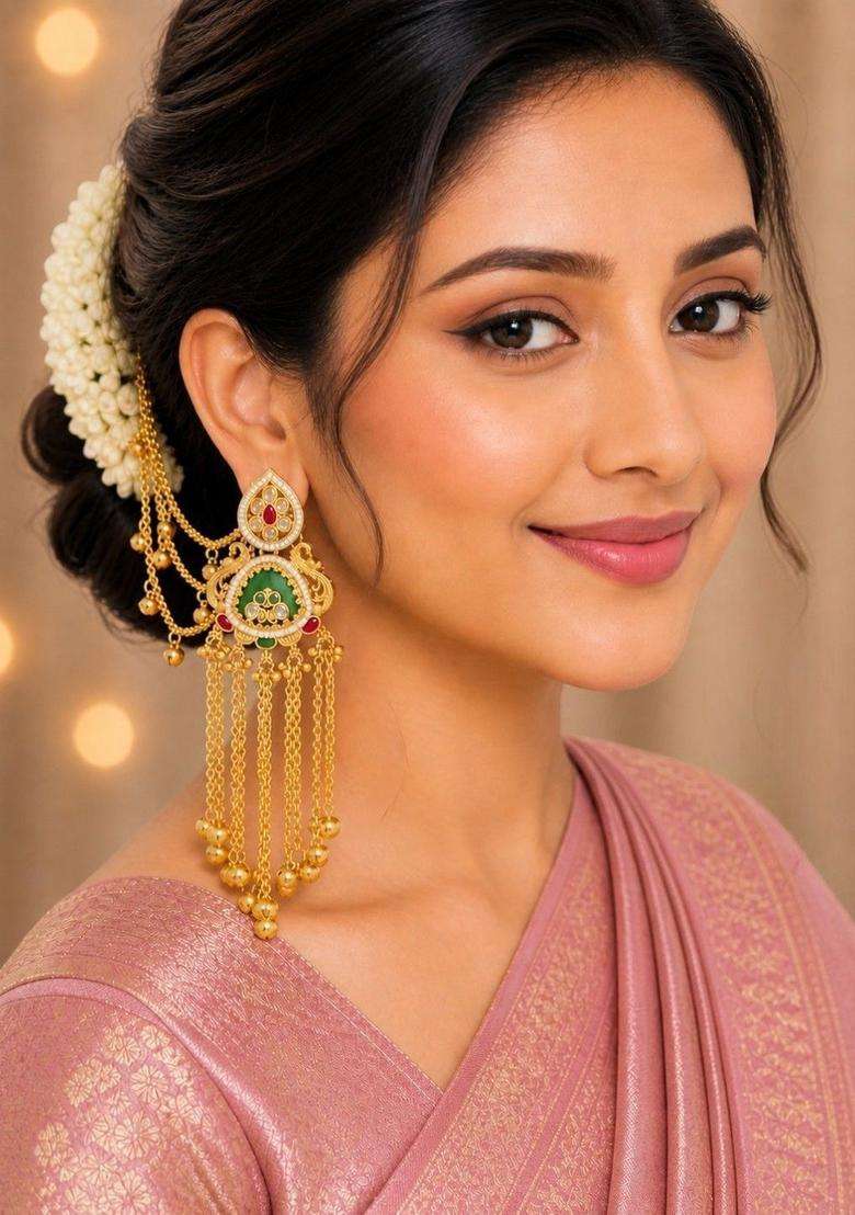 Ghungroo Detailing Long Kashmiri Drop Earrings with Hair Kaan Chain with Kundan for Women | Traditional Ethnic Jewellery for Wedding & Festive Wear | Gift for Her - Indya