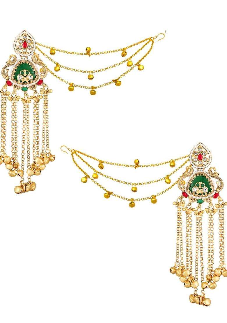 Ghungroo Detailing Long Kashmiri Drop Earrings with Hair Kaan Chain with Kundan for Women | Traditional Ethnic Jewellery for Wedding & Festive Wear | Gift for Her - Indya