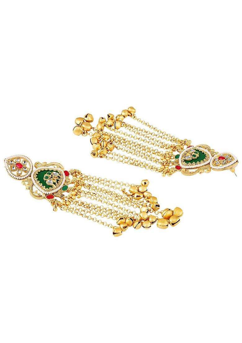 Ghungroo Detailing Long Kashmiri Drop Earrings with Hair Kaan Chain with Kundan for Women | Traditional Ethnic Jewellery for Wedding & Festive Wear | Gift for Her - Indya