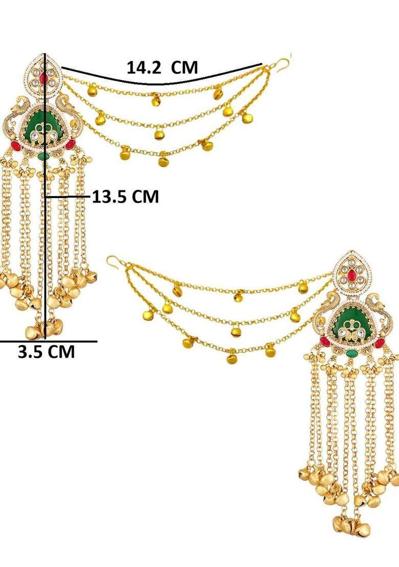 Ghungroo Detailing Long Kashmiri Drop Earrings with Hair Kaan Chain with Kundan for Women | Traditional Ethnic Jewellery for Wedding & Festive Wear | Gift for Her - Indya