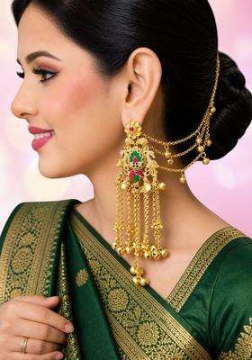 Gold Ghungroo Detailing Heritage Kashmiri Drop Earrings with Hair Kaan Chain with Kundan for Women | Traditional Ethnic Jewellery for Wedding & Festive Wear | Gift for Her