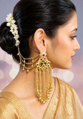 Gold Ghungroo Detailing Heritage Kashmiri Drop Earrings with Hair Kaan Chain with Kundan for Women | Traditional Ethnic Jewellery for Wedding & Festive Wear | Gift for Her