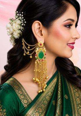 Green Ghungroo Detailing Heritage Kashmiri Drop Earrings with Hair Kaan Chain with Kundan for Women | Traditional Ethnic Jewellery for Wedding & Festive Wear | Gift for Her
