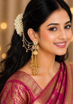 Gold Ghungroo Detailing Heritage Kashmiri Drop Jhumka Earrings with Hair Kaan Chain with Kundan for Women | Traditional Ethnic Jewellery for Wedding & Festive Wear | Gift for Her