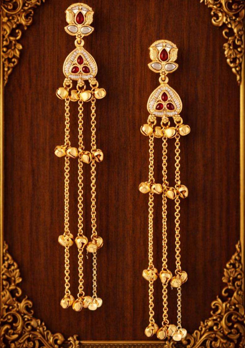 Floral Design Ghungroo Kashmiri Long Drop Earrings with Kundan for Women | Traditional Ethnic Jewellery for Wedding & Festive Wear | Gift for Her - Indya