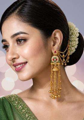 Gold Ghungroo Detailing Heritage Kashmiri Drop Jhumka Earrings with Hair Kaan Chain with Kundan for Women | Traditional Ethnic Jewellery for Wedding & Festive Wear | Gift for Her