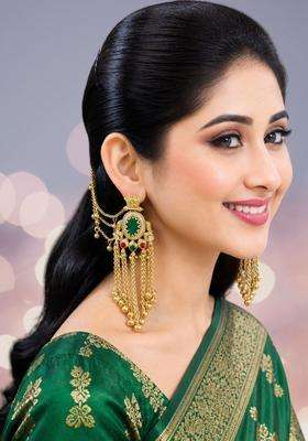 Green Ghungroo Detailing Heritage Kashmiri Drop Earrings with Hair Kaan Chain with Kundan for Women | Traditional Ethnic Jewellery for Wedding & Festive Wear | Gift for Her