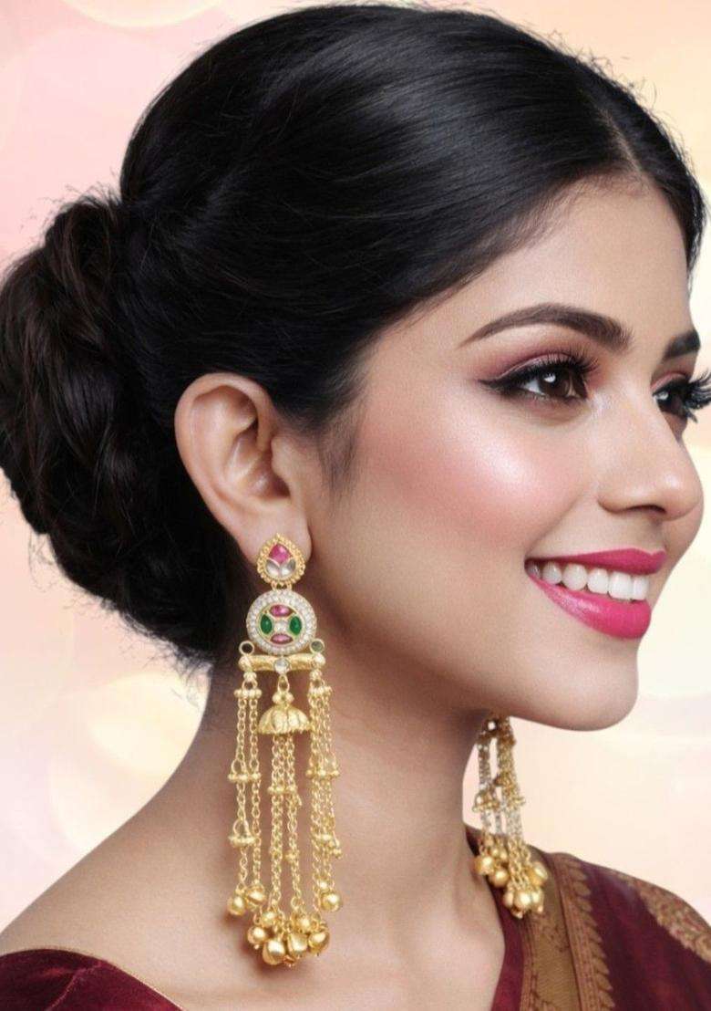 Gold Ghungroo Kashmiri Drop Jhumka Earrings with Kundan for Women | Traditional Ethnic Jewellery for Wedding & Festive Wear | Gift for Her - Indya