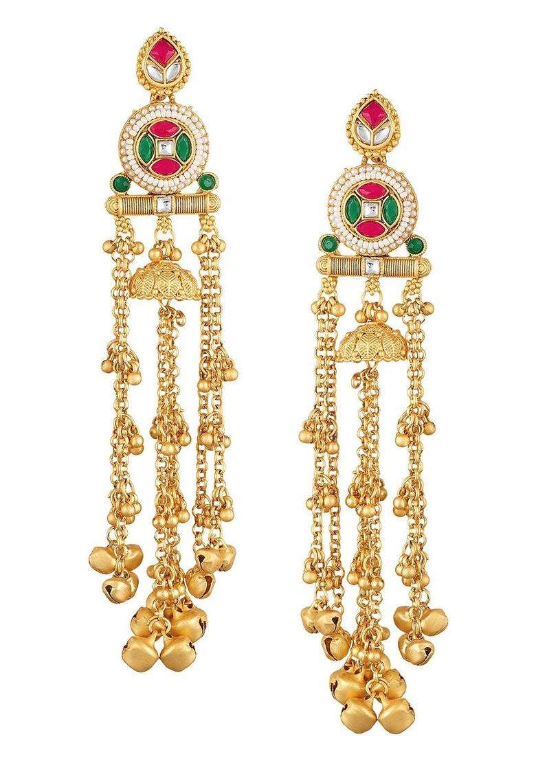 Gold Ghungroo Kashmiri Drop Jhumka Earrings with Kundan for Women | Traditional Ethnic Jewellery for Wedding & Festive Wear | Gift for Her - Indya