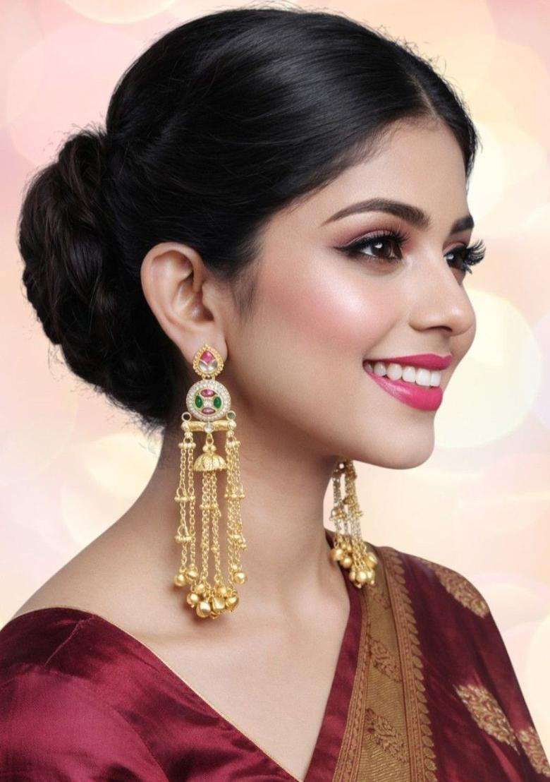 Gold Ghungroo Kashmiri Drop Jhumka Earrings with Kundan for Women | Traditional Ethnic Jewellery for Wedding & Festive Wear | Gift for Her - Indya