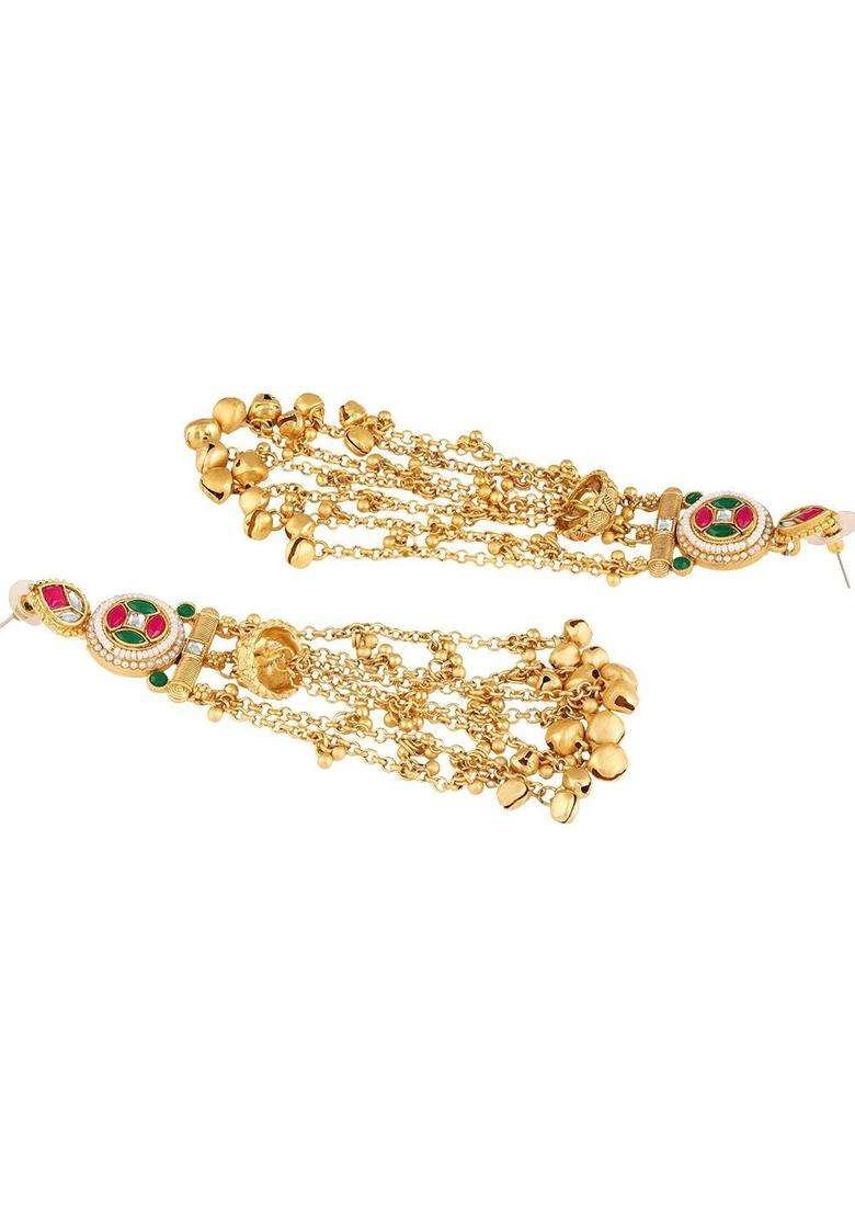 Gold Ghungroo Kashmiri Drop Jhumka Earrings with Kundan for Women | Traditional Ethnic Jewellery for Wedding & Festive Wear | Gift for Her - Indya