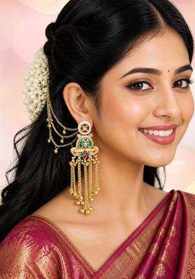 Gold Ghungroo Detailing Heritage Kashmiri Drop Earrings with Hair Kaan Chain with Kundan for Women | Traditional Ethnic Jewellery for Wedding & Festive Wear | Gift for Her