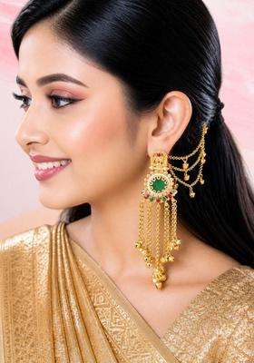 Green Kashmiri Drop Earrings with Hair Kaan Chain with Kundan for Women | Traditional Ethnic Jewellery for Wedding & Festive Wear | Gift for Her