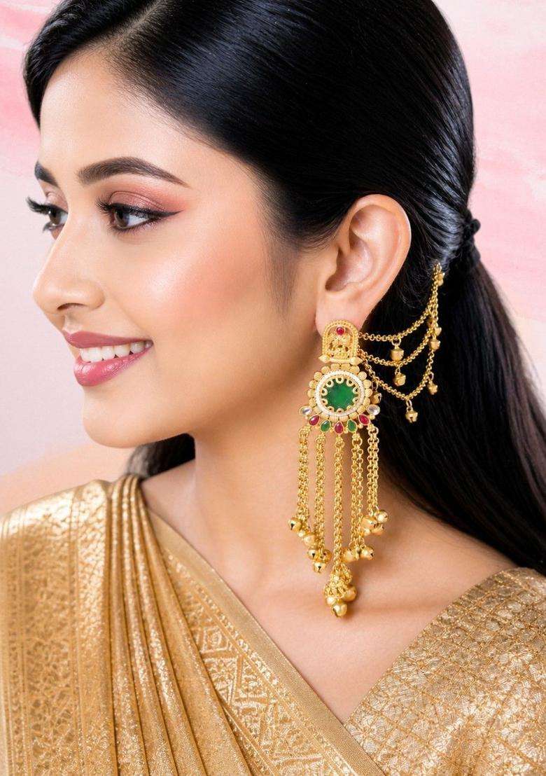 Green Kashmiri Drop Earrings with Hair Kaan Chain with Kundan for Women | Traditional Ethnic Jewellery for Wedding & Festive Wear | Gift for Her - Indya