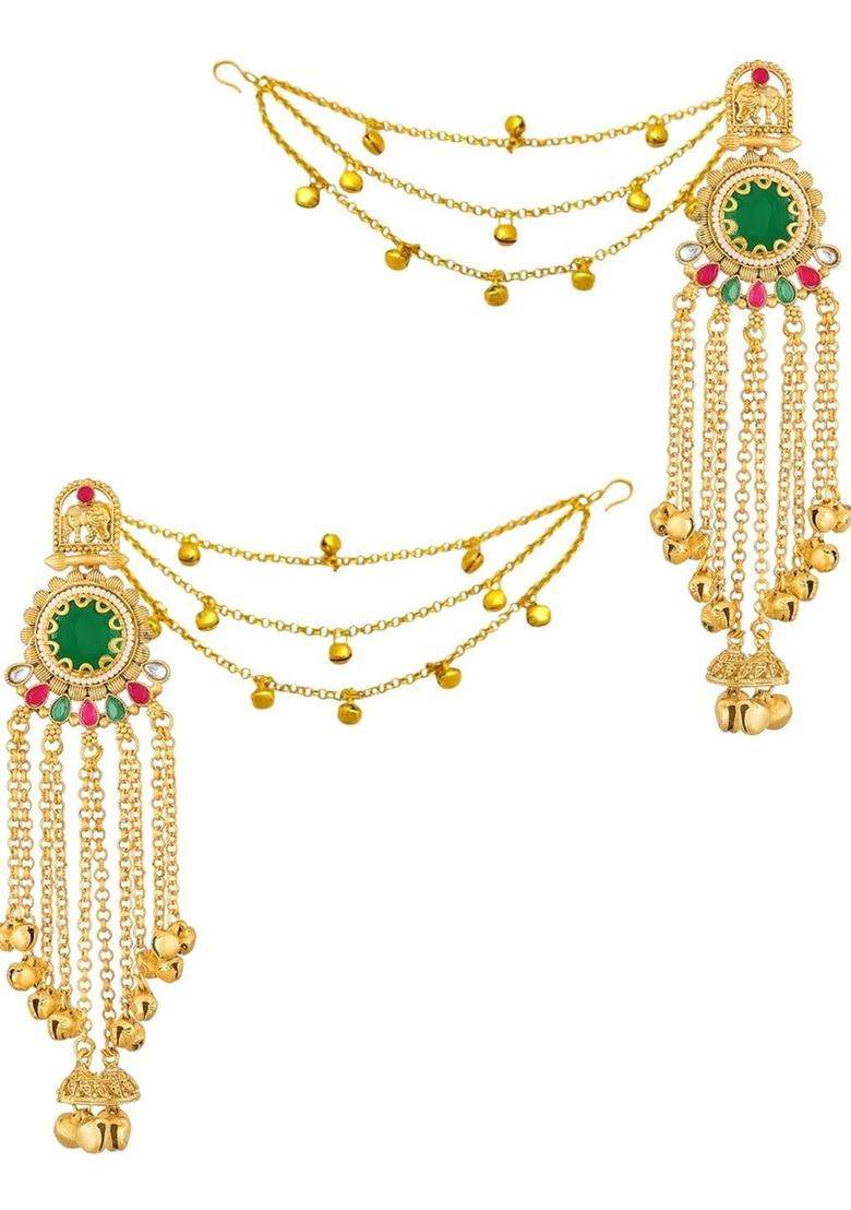 Green Kashmiri Drop Earrings with Hair Kaan Chain with Kundan for Women | Traditional Ethnic Jewellery for Wedding & Festive Wear | Gift for Her - Indya