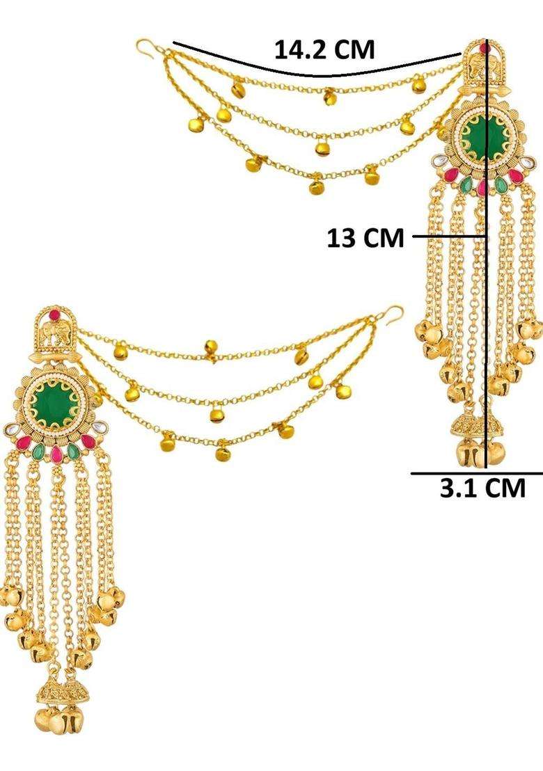 Green Kashmiri Drop Earrings with Hair Kaan Chain with Kundan for Women | Traditional Ethnic Jewellery for Wedding & Festive Wear | Gift for Her - Indya