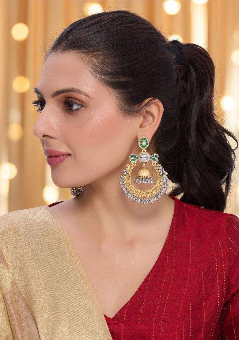 Green Ghungroo Kashmiri Chandbali Earrings with Kundan for Women | Traditional Ethnic Jewellery for Wedding & Festive Wear | Gift for Her - Indya