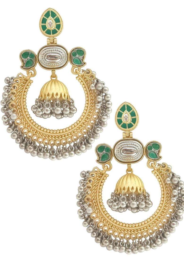 Green Ghungroo Kashmiri Chandbali Earrings with Kundan for Women | Traditional Ethnic Jewellery for Wedding & Festive Wear | Gift for Her - Indya