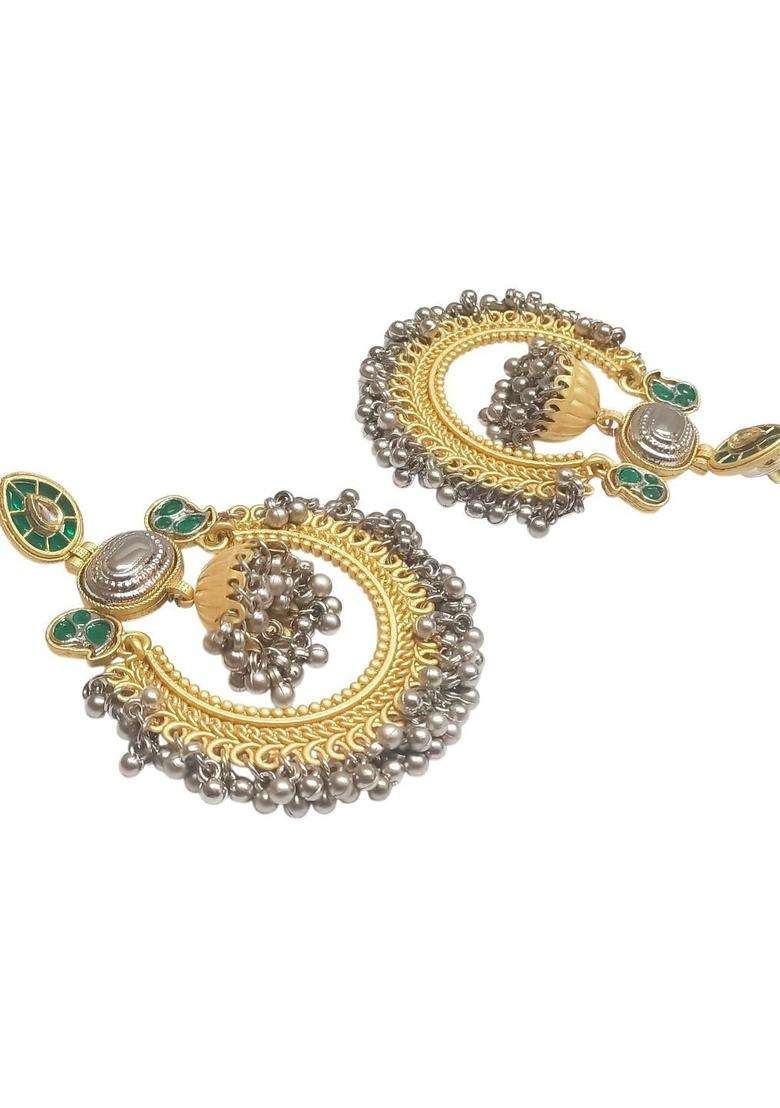 Green Ghungroo Kashmiri Chandbali Earrings with Kundan for Women | Traditional Ethnic Jewellery for Wedding & Festive Wear | Gift for Her - Indya