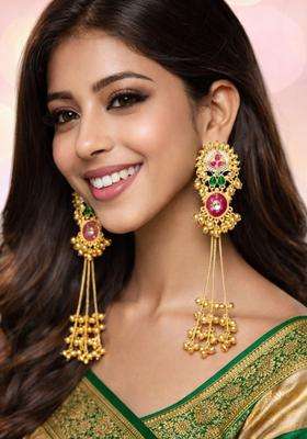 Floral Design Ghungroo Detailing Long Kashmiri Drop Earrings with Kundan for Women | Traditional Ethnic Jewellery for Wedding & Festive Wear | Gift for Her