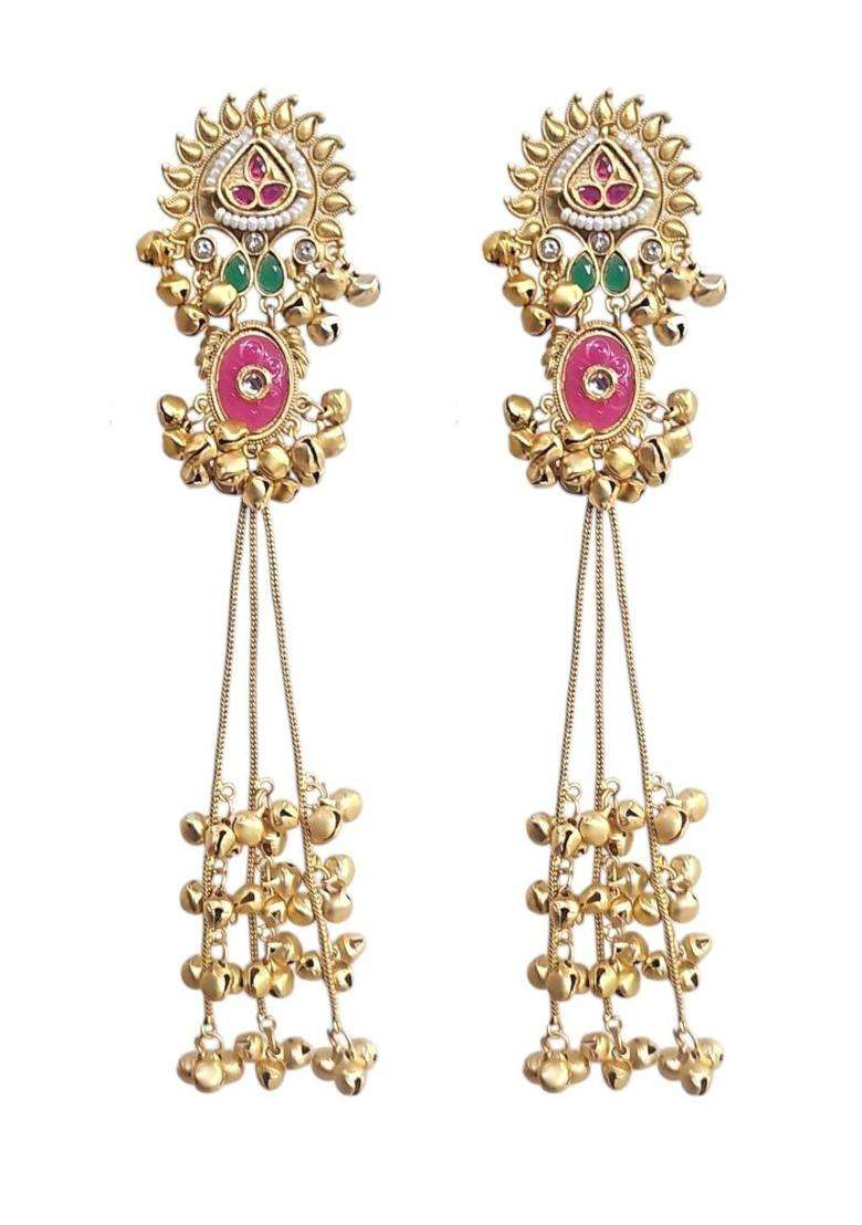 Floral Design Ghungroo Detailing Long Kashmiri Drop Earrings with Kundan for Women | Traditional Ethnic Jewellery for Wedding & Festive Wear | Gift for Her - Indya