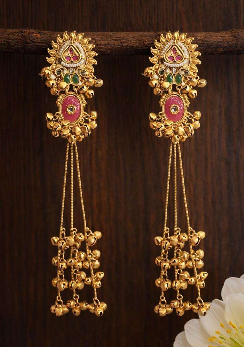 Floral Design Ghungroo Detailing Long Kashmiri Drop Earrings with Kundan for Women | Traditional Ethnic Jewellery for Wedding & Festive Wear | Gift for Her - Indya