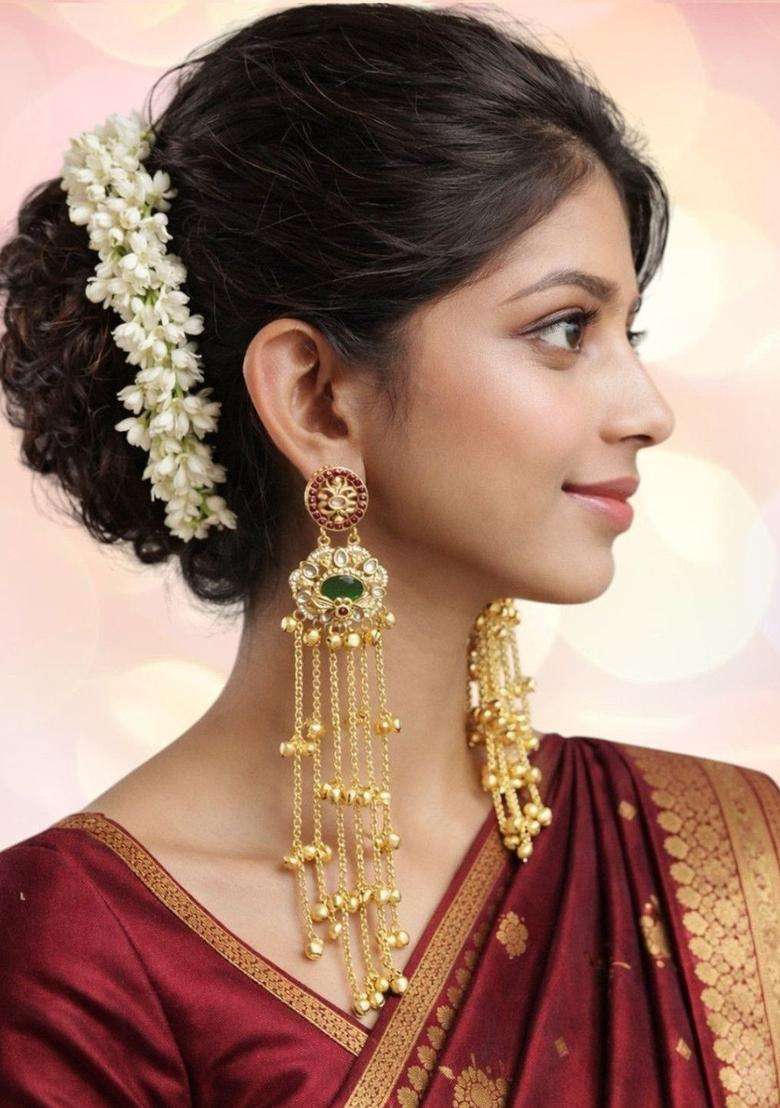 Floral Design Ghungroo Kashmiri Long Drop Earrings with Kundan for Women | Traditional Ethnic Jewellery for Wedding & Festive Wear | Gift for Her - Indya