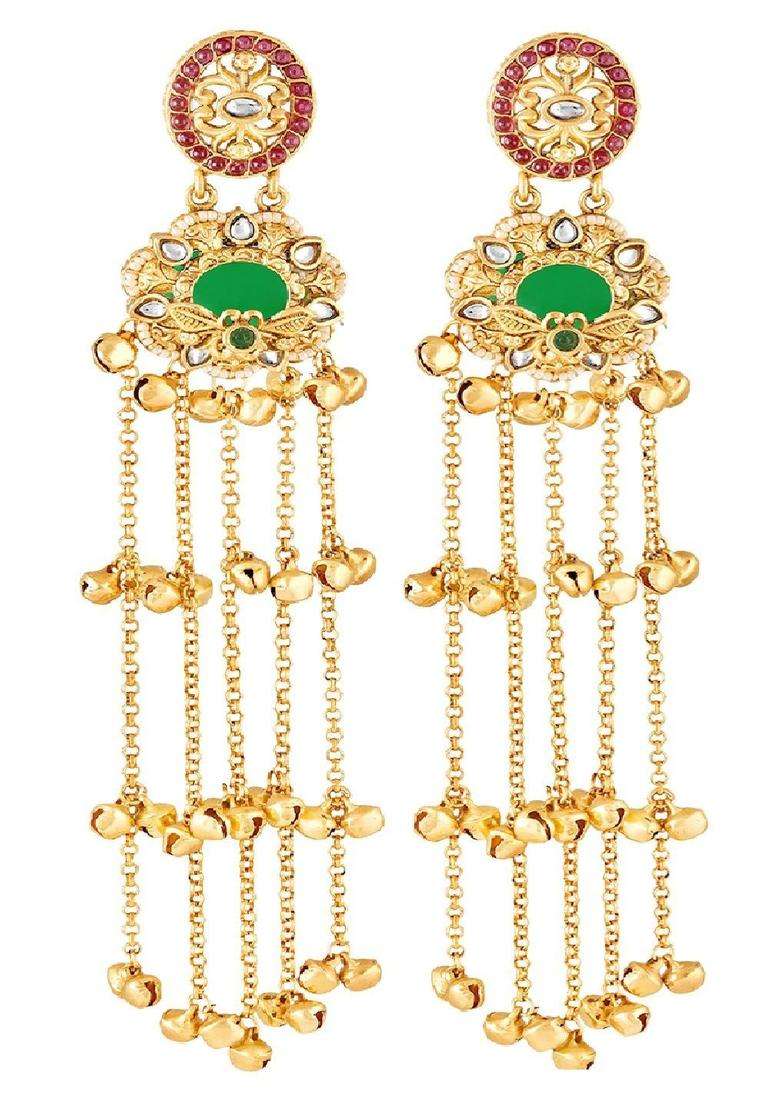 Floral Design Ghungroo Kashmiri Long Drop Earrings with Kundan for Women | Traditional Ethnic Jewellery for Wedding & Festive Wear | Gift for Her - Indya