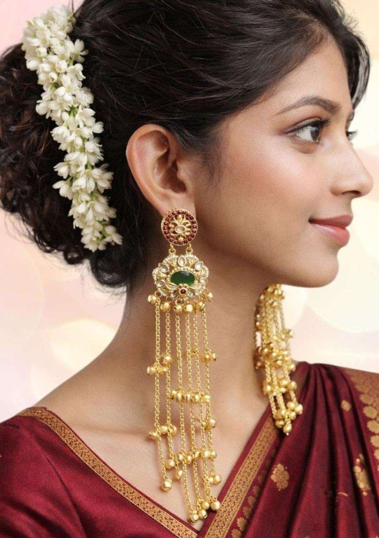 Floral Design Ghungroo Kashmiri Long Drop Earrings with Kundan for Women | Traditional Ethnic Jewellery for Wedding & Festive Wear | Gift for Her - Indya