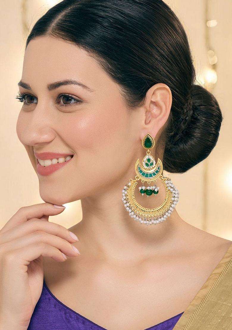 Green Long Ghungroo Kashmiri Chandbali Earrings for Women | Traditional Ethnic Jewellery for Wedding & Festive Wear | Gift for Her - Indya